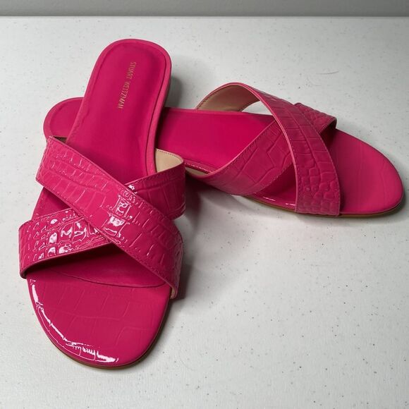 Stuart Weitzman Roza Flat Slide Sandal Pink Croc Embossed Leather 10.5 - Picture 13 of 13